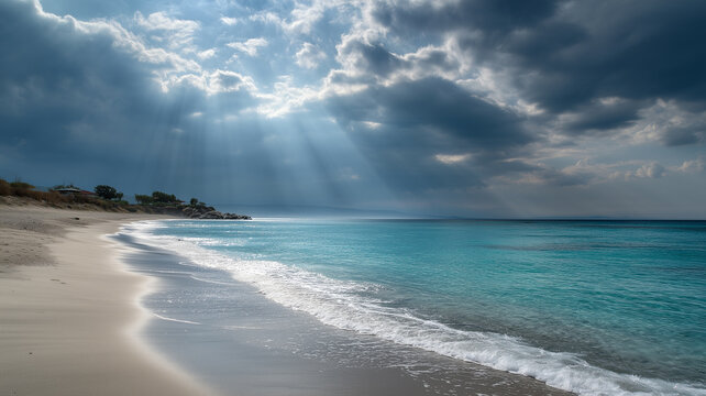 Wide sandy beach turquoise sea dramatic sky sunlight streaming through clouds peaceful coastal landscape serene atmosphere - Powered by Adobe
