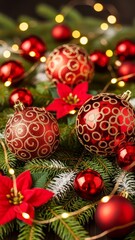 Naklejka premium Close up of christmas ornaments and poinsettias on a fir branch with string lights around it christams photos 