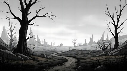 Dramatic Monochrome Landscape with Barren Trees, Winding Path, and a Bleak Atmosphere