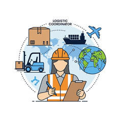 Woman logistic coordinator with clipboard and world map
