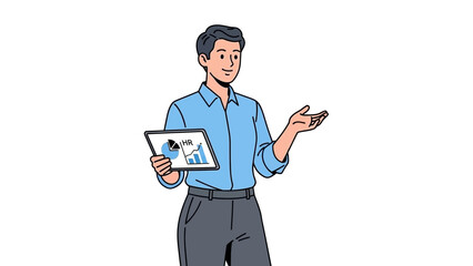 Business professional giving presentation with data report