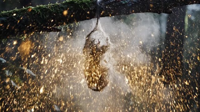 Glowing chrysalis hanging in forest during metamorphosis moment.