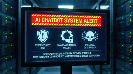 AI chatbot system alert in digital communication environment showing error, warning, and cybersecurity risk icons, highlighting potential data breach