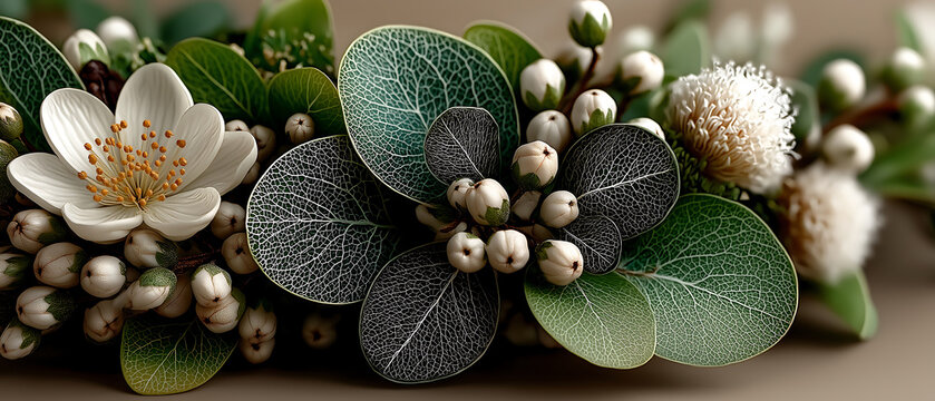 Close up of white flower with yellow stamen and green leaves and white buds