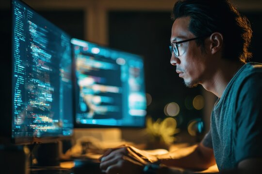 Focused Male Software Developer Wearing Glasses Working Overtime on Dual Monitors Displaying Complex Code Late at Night. High-Tech Programming and Data Security Concept. - Powered by Adobe