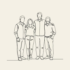 Adult friends gathering in minimalist line art depicting group of adults. Adult friends sharing a casual moment together, shown with simple linear shapes, no faces, and embracing.