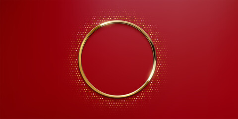 Golden circle frame with dotted halftone light effect. Circular glowing metallic ring, button, stamp, emblem, sticker, label. Modern luxury abstract vector illustration.