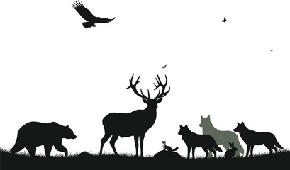 Forest wildlife silhouettes, bear, stag, wolves, birds, mushroom, nature scene, animal illustration
