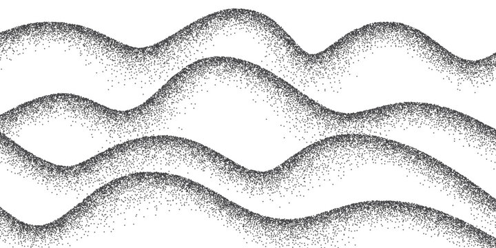 Grain wavy background. Dot stipple waves, black noise dotted lines with sand texture and grainy effect. Mountain, dessert, dune, water landscape. Abstract vector illustration.