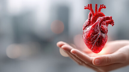 Hand presenting human heart in a medical concept, symbolizing organ donation, transplantation, cardiology, life, and health care support