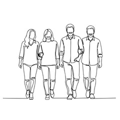 Adult friends are walking together in single line drawing, portraying their casual style and carefree togetherness. Adult friends are sharing companionship in minimalist style.