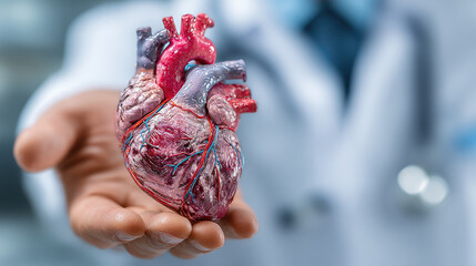 Professional medical doctor holding a human heart anatomical model forward, representing concepts of organ donation, cardiology, life saving procedures, and health awareness