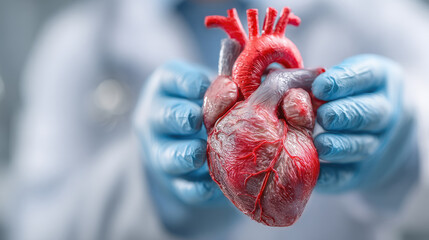 Professional medical doctor holding a human heart anatomical model forward, representing concepts of organ donation, cardiology, life saving procedures, and health awareness