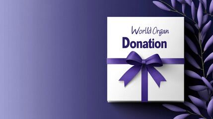 World Organ Donation Day concept, showing a gift box with a purple ribbon bow, symbolizing hope, life, and the selfless act of giving, promoting awareness around healthcare and medical transplants