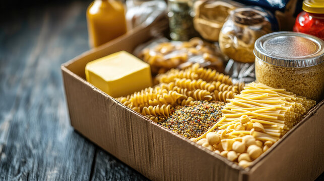 close-up of an open grocery box with various food items, symbolizing aid, donation and charity