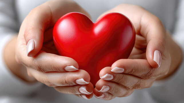 Hands gently holding a bright red heart, representing concepts of organ donation, heart health, life, and the importance of compassionate care and support
