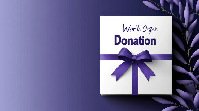 World Organ Donation Day concept, showing a gift box with a purple ribbon bow, symbolizing hope, life, and the selfless act of giving, promoting awareness around healthcare and medical transplants
