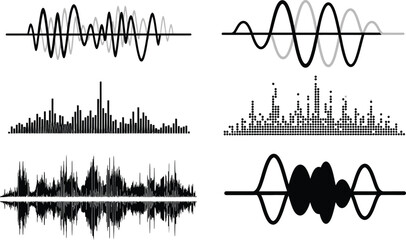 A diverse set of black and white vector illustrations depicting various audio waveforms, sound waves, and digital signal spectrums for sound analysis