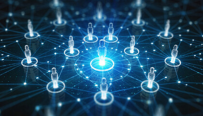 Networking Connections: A conceptual image illustrating interconnectedness. This digital network of figures and nodes symbolizes communication, data flow, and the essence of digital relationships.