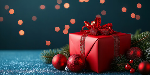 Naklejka premium Merry Christmas and Happy Holidays greeting card, frame, banner. New Year. Red Christmas decorations, gift box, present on blue background. Winter xmas festive celebration theme.