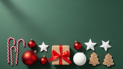 Christmas background with festive decorations on green. Holiday flat lay with gift, candy cane, ornament, gingerbread for greeting card.
