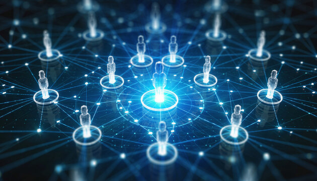 Networking Connections: A conceptual image illustrating interconnectedness. This digital network of figures and nodes symbolizes communication, data flow, and the essence of digital relationships.