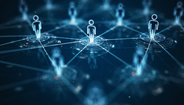 Global Connection Network: A visually striking representation of interconnectedness. Nodes symbolizing individuals linked together, forming a vast network.