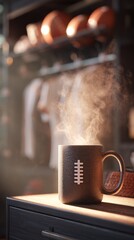 Steaming football-themed mug in locker room light