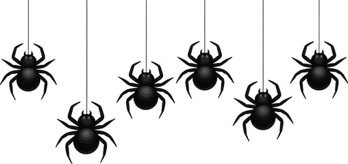 Eerie illustration of multiple black spiders suspended by thin white webs, ideal for scary holiday designs and spooky season promotions