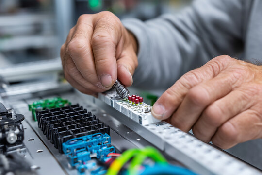 Close-up of technician replacing smart LED module, energy-efficient lighting maintenance, sustainability theme, 