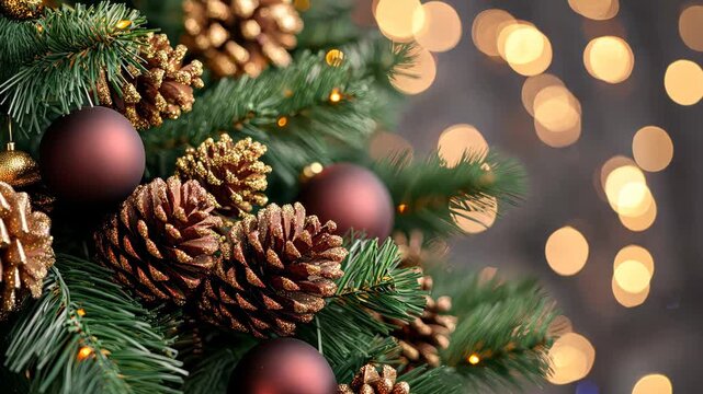 Festive Ornamentation: Close-up of a festive Christmas tree adorned with gold ornaments and pinecones, set against a backdrop of soft bokeh lights. Capturing the spirit of winter holiday season.