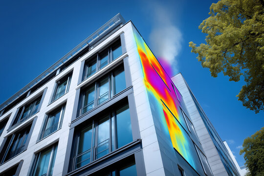 Close-up of thermal camera screen showing energy leakage on exterior wall, sustainable building diagnostics,