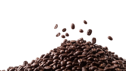 Freshly roasted coffee beans cascading downward onto a transparent pile
