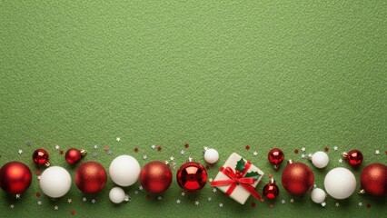 Christmas ornaments and gift box arranged on green background with copy space. Holiday celebration border frame for Winter season.