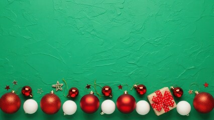 Christmas red and white ornament on green backdrop. Holiday celebration concept and festive decoration. New year, winter, seasonal.