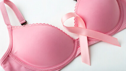 Pink bra with a ribbon for breast cancer awareness displayed on a white background