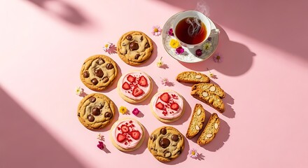 Obraz premium Whimsical Flat-Lay of Homemade Cookies with Teacup on Pastel Soft Pink Background Collection