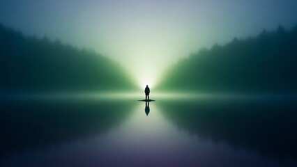 Silhouette of a lone person standing on a calm lake reflecting the bright morning light