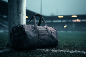 Sports duffel bag by goalpost on foggy football field