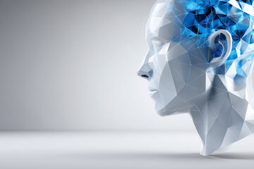 Polygonal human head, three-dimensional geometric, abstract face visualization, digital anatomy concept, low-poly medical display, technological healthcare imagery, minimalist desi