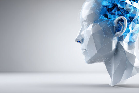 Polygonal human head, three-dimensional geometric, abstract face visualization, digital anatomy concept, low-poly medical display, technological healthcare imagery, minimalist desi