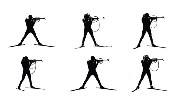 Collection of six distinct biathlete silhouettes in action aiming their rifles during a winter sport competition silhouette