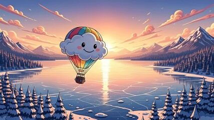 Hot Air Balloon Over Frozen Lake at Sunset. - Powered by Adobe