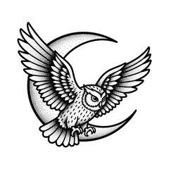 Obraz premium Detailed Illustration of an Owl in Flight Against a Crescent Moon.