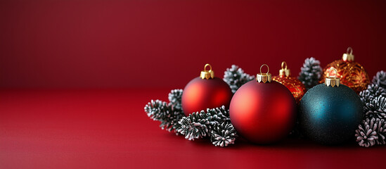 Merry Christmas and Happy Holidays greeting card, frame, banner. New Year. Noel. Colorful Christmas ornaments on red background. Winter xmas holiday theme. Christmas tree decoration.