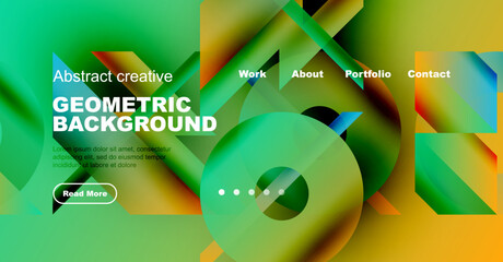 Vibrant abstract design. Geometric shapes overlap, creating dynamic visual experience. Text promotes portfolio, work details.