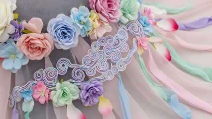 Ethereal hair ornament with a vibrant floral arrangement, intricate traditional cloud patterns, and cascading pastel ribbons for a fantasy costume
