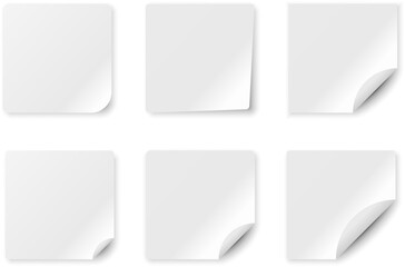 A collection of blank white sticky notes with soft shadows and curled corners. Clean minimal mockup template for reminders, messages, memos, and design presentations. sticky note mockup.