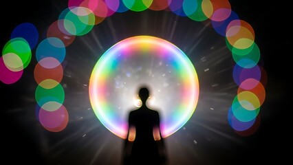Enigmatic Human Silhouette Illuminated by Rainbow Circle and Colorful Bokeh Lights Against Dark