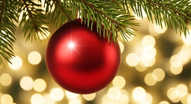 A christmas ornament hanging from a pine branch with blurred lights in the background creating a festive mood